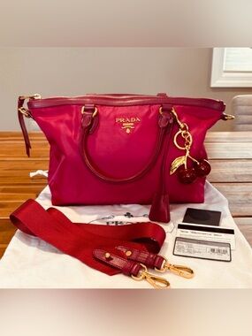Authentic Prada Fuchsia Nylon Tote with Gold Hardware, strap, & Cherry Charm